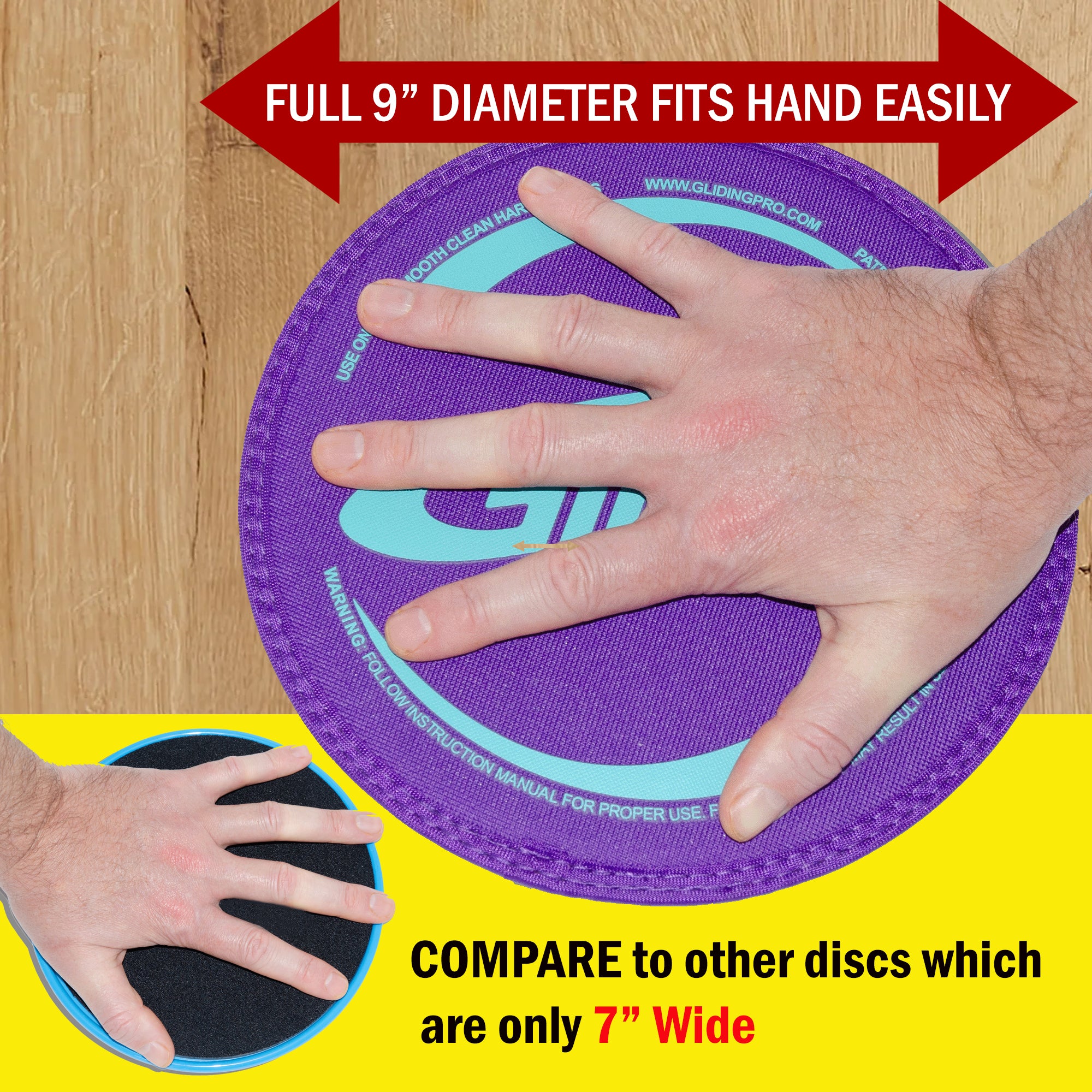 Hand on top of purple Gliding Disc as well as competitors, showing the larger size of the Gliding Disc