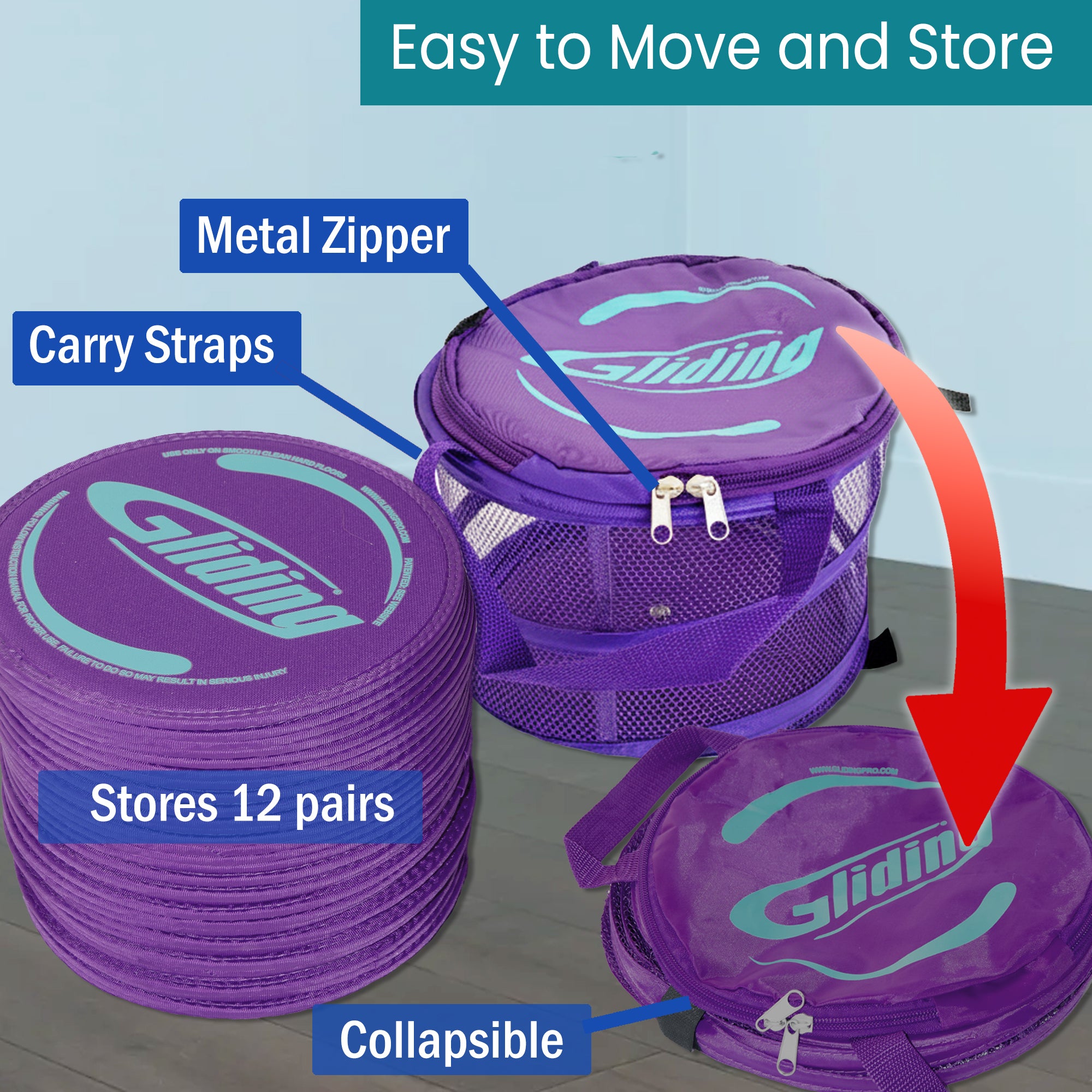 Purple Gliding Discs carrying case showing ease and convenience