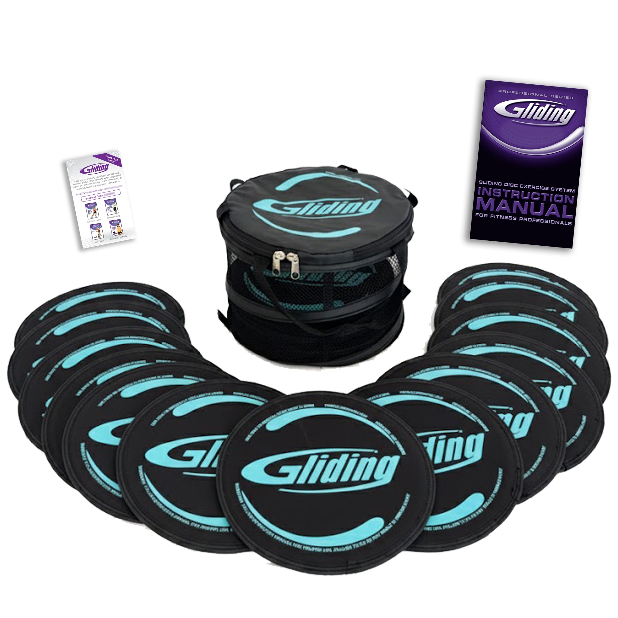 Black Gliding discs studio pack with a carrying case and instruction manual on a white background