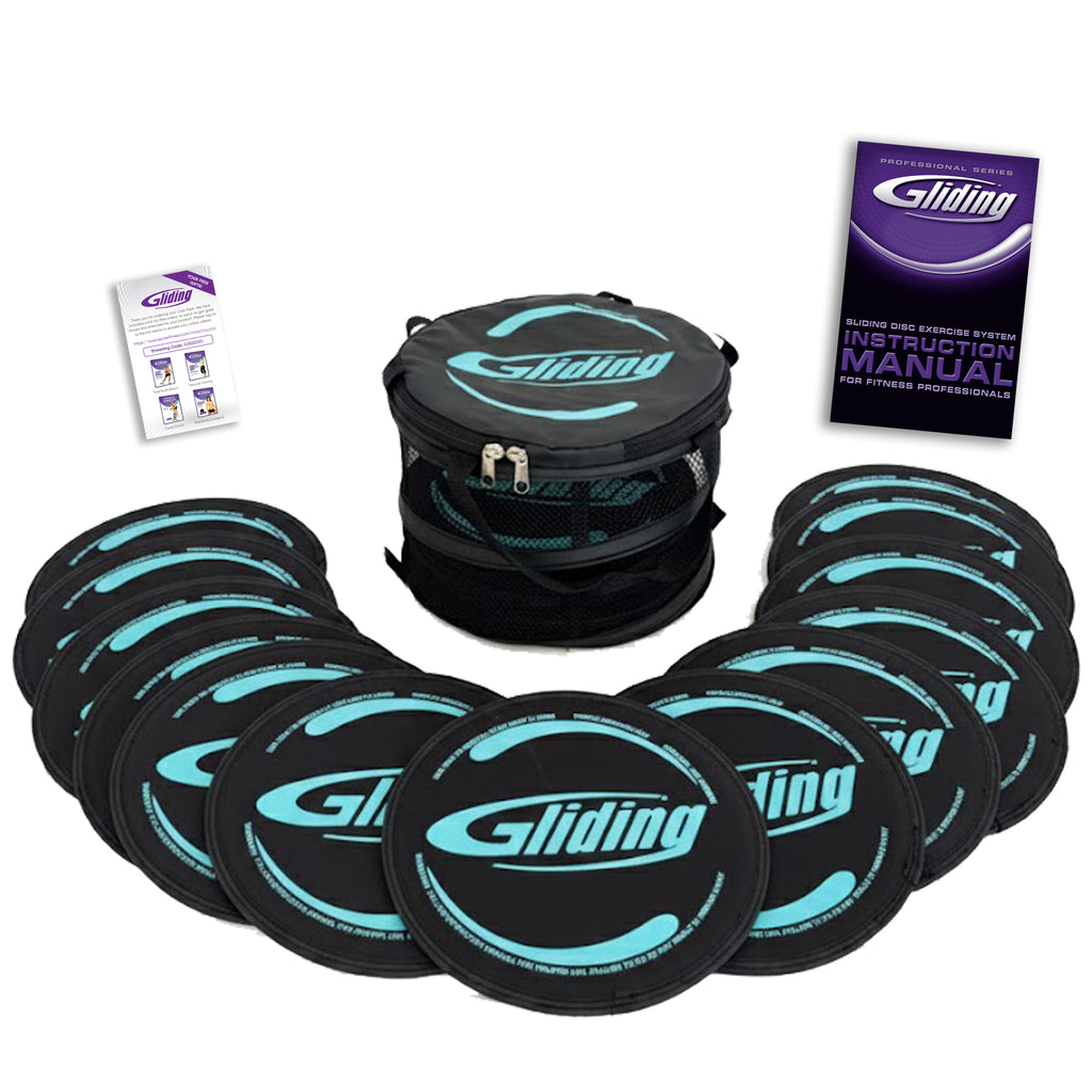 Black Gliding discs studio pack with a carrying case and instruction manual on a white background