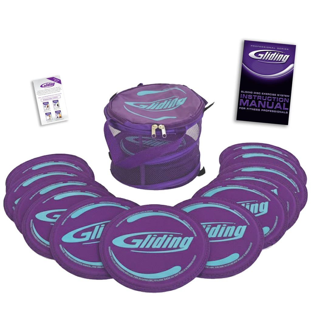 Purple gliding discs studio pack with carrying case and manual on a white background