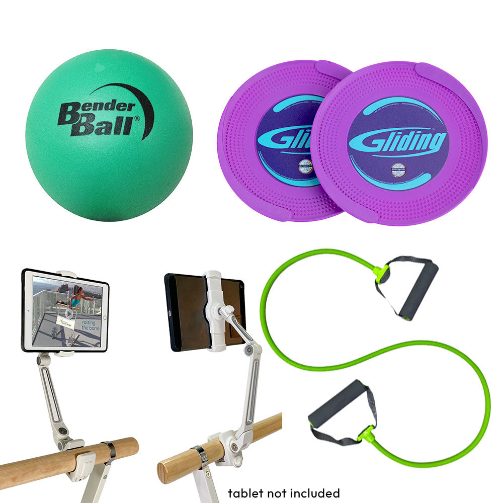 Multiple products including Bender Ball, Gliding Discs, table holder and resistance band